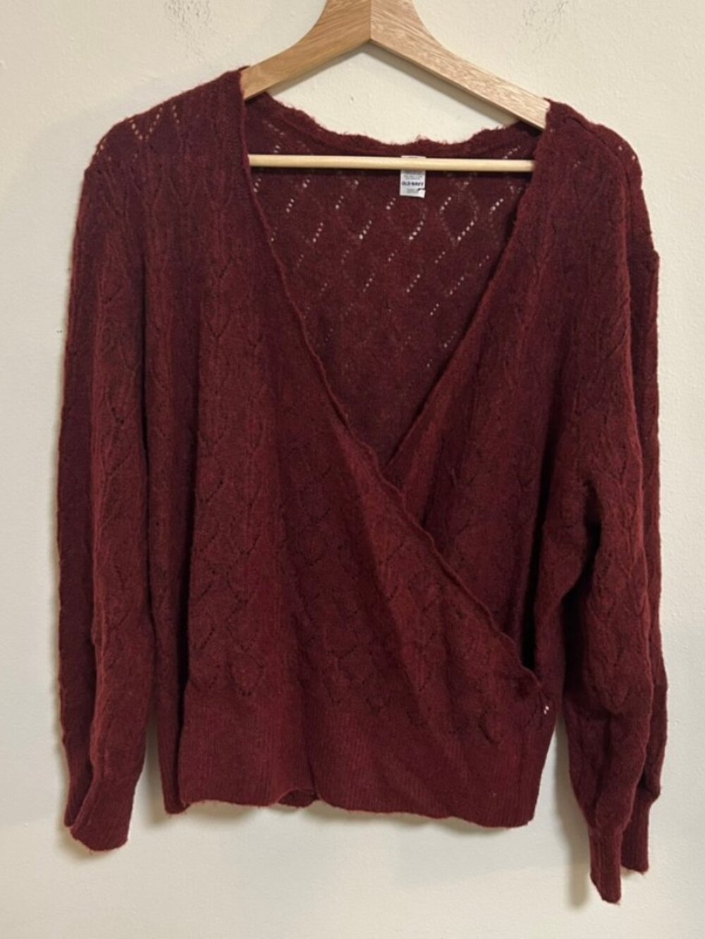 Faux Wrap Deep V Neck Sweater Old Navy Wool Blend Burgundy/Maroon Sz L EUC